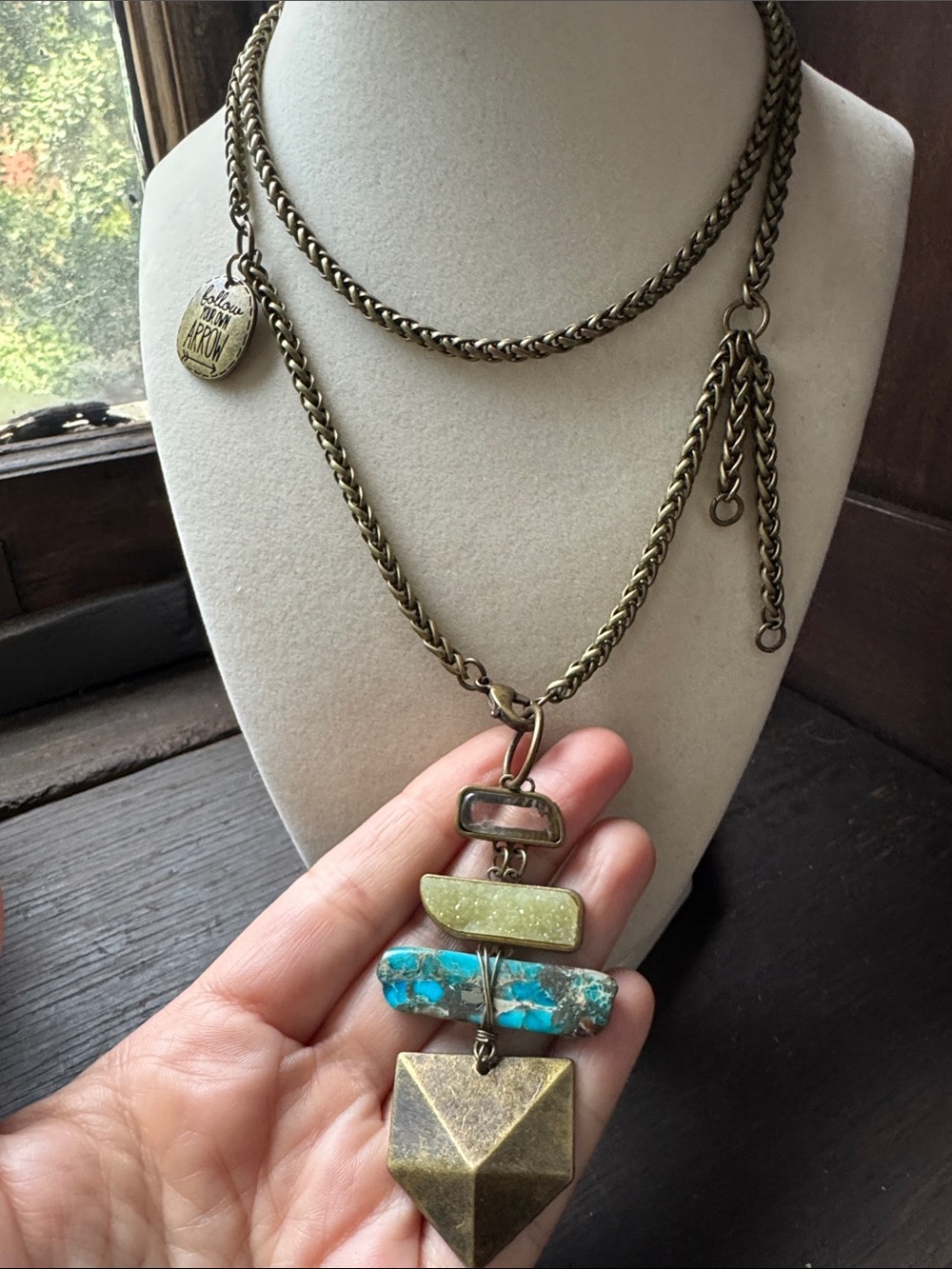 Bronze-Tone Layered Pendant Necklace with Turquoise Accent